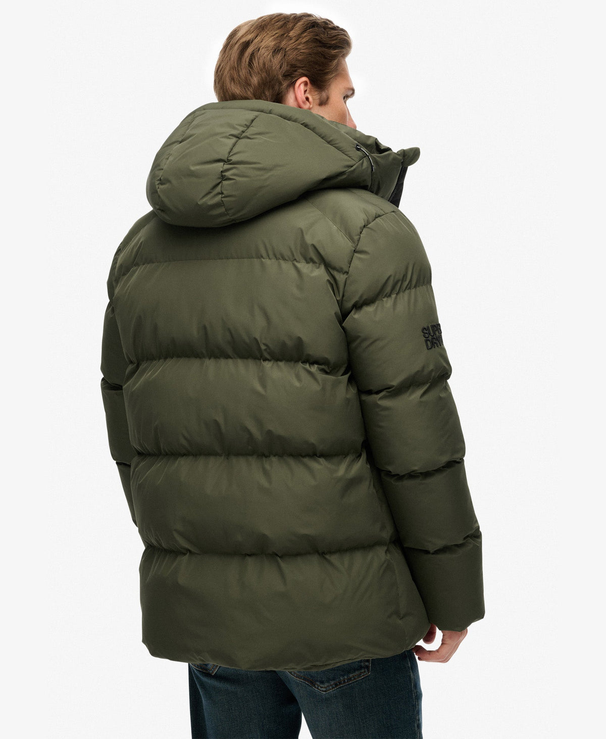 Hooded Sports Puffer Jacket in Army