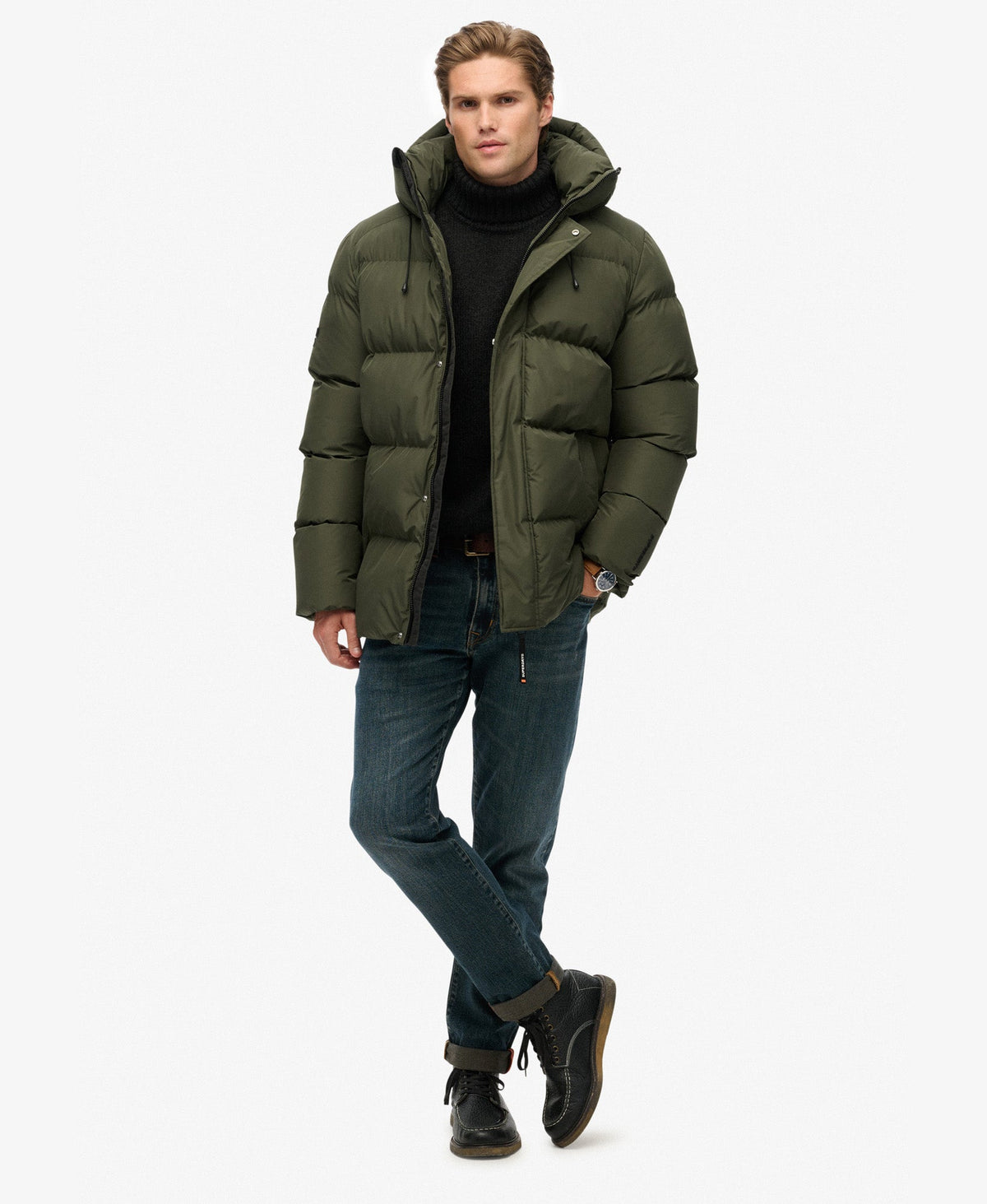 Hooded Sports Puffer Jacket in Army