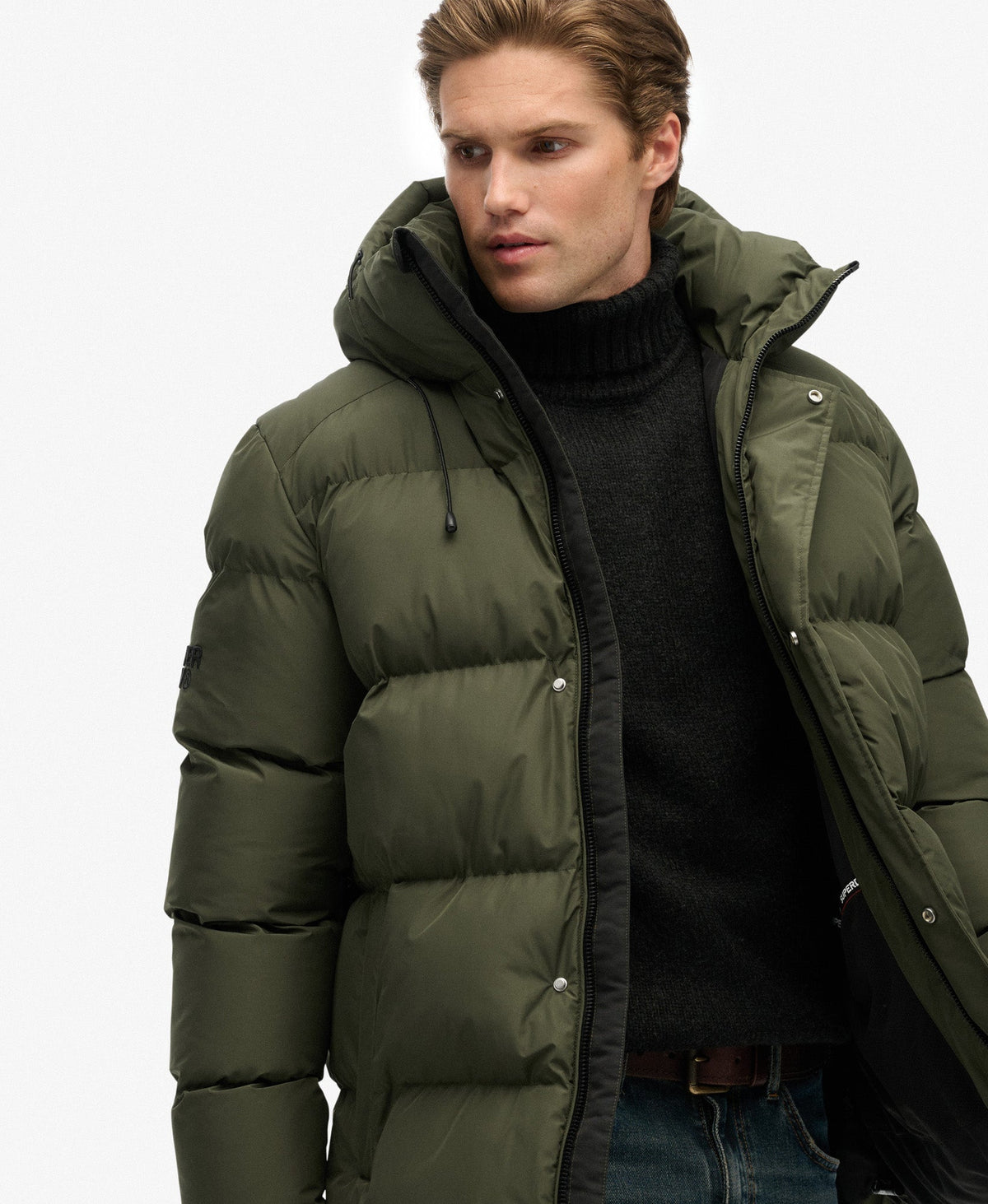 Hooded Sports Puffer Jacket in Army