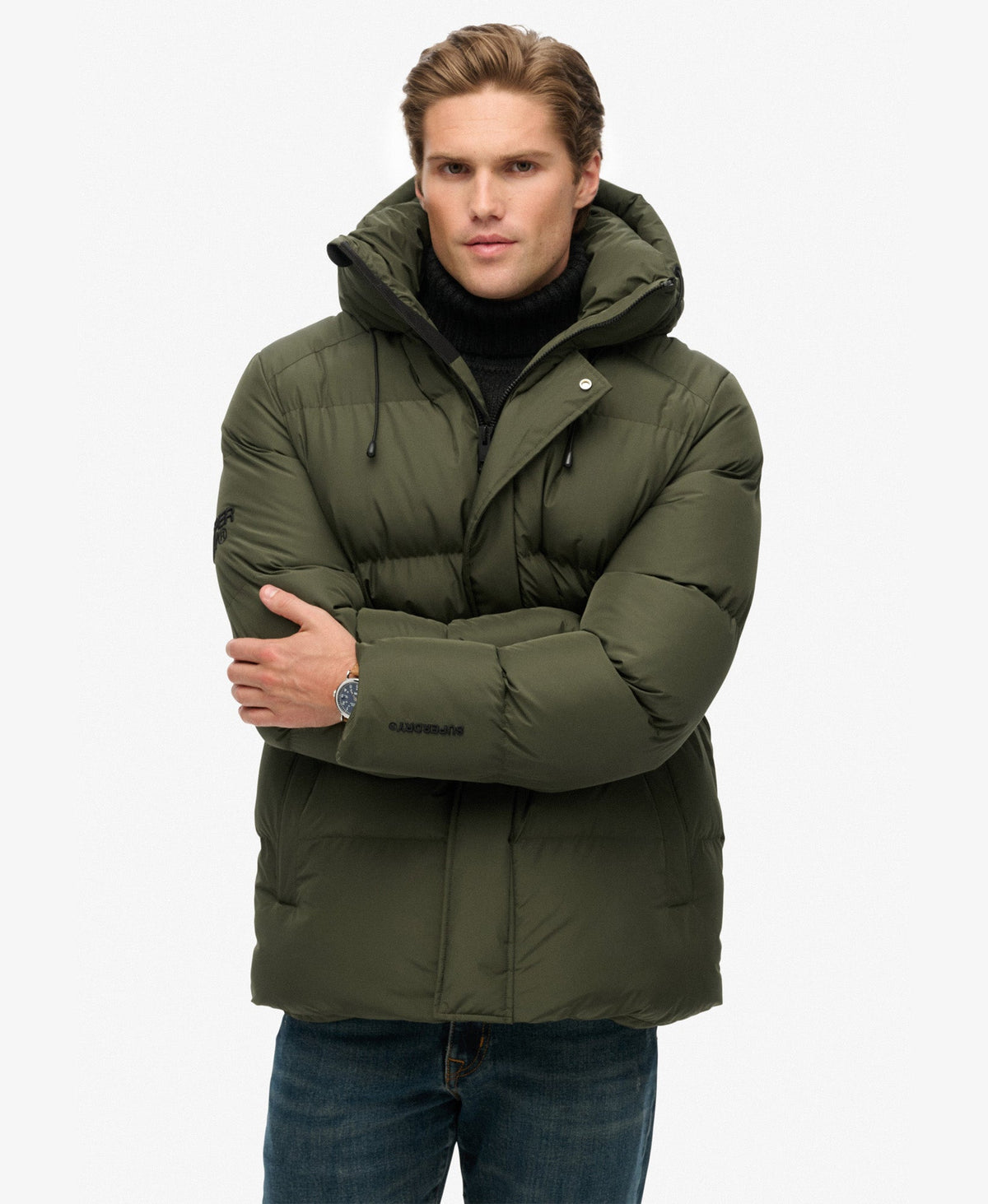 Hooded Sports Puffer Jacket in Army